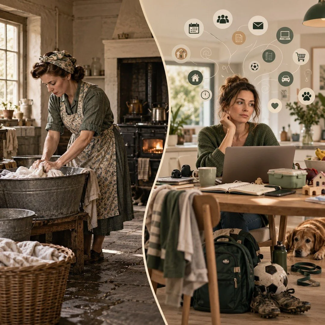 The work didn&rsquo;t disappear.
It moved.
1944:
❤️ Wash.
❤️ Scrub.
❤️ Carry.
❤️ Cook.
❤️ Mend.
❤️ Repeat.

2026:
❤️ Remember.
❤️ Schedule.
❤️ Book.
❤️ Reply.
❤️ Pay.
❤️ Plan.
❤️ Coordinate.
❤️ Repeat.

We have washing machines.
Cars.
Apps.
Food deli