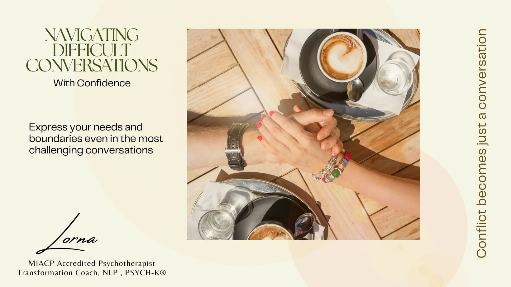 Two people holding hands across a wooden table with coffee cups and water glasses, symbolizing connection and communication.
