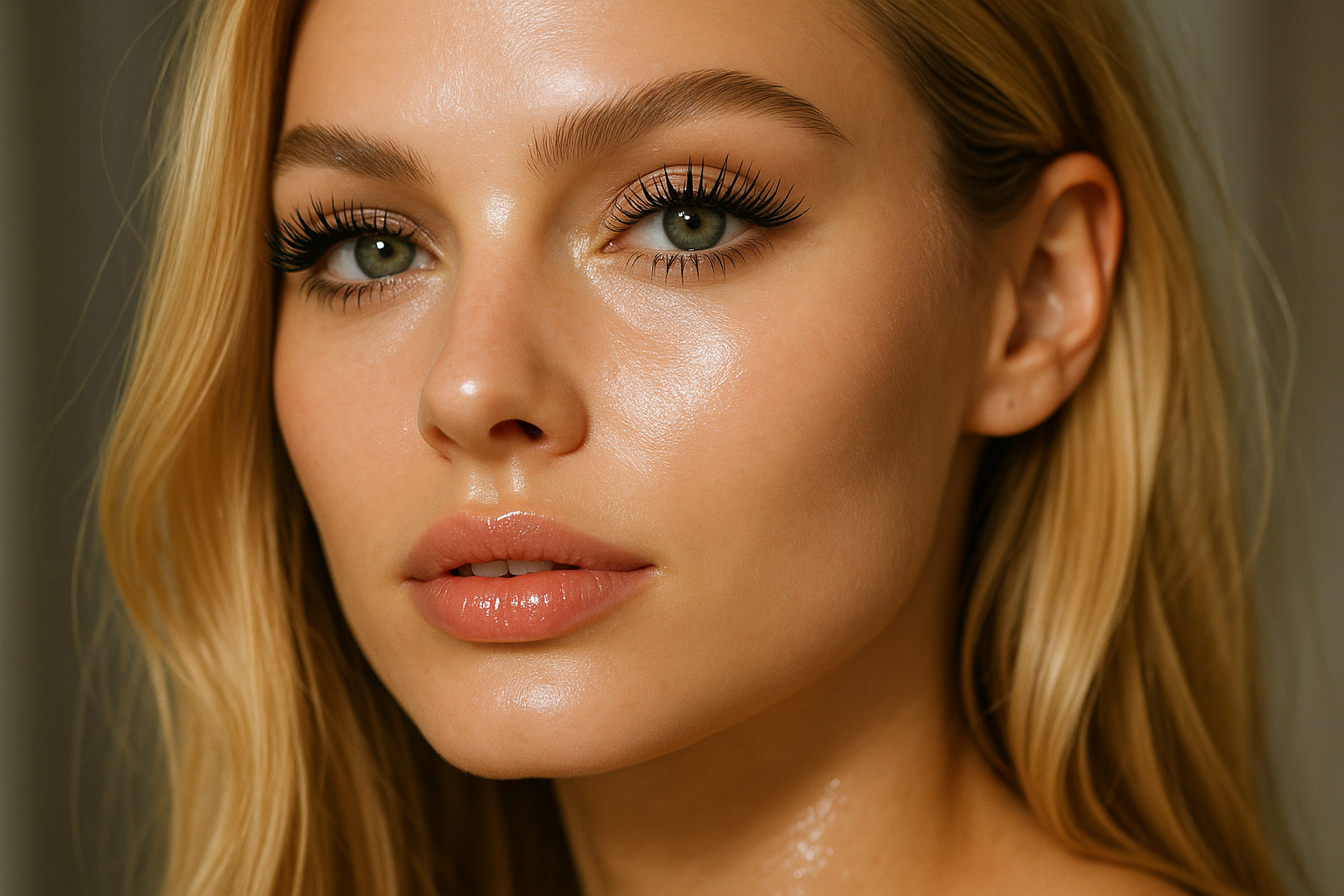 Nahaufnahme eines jungen Frauengesichts, Creator und Modell mit blonden Haaren, grünen Augen, Morgenmakeup und glitzernder Haut.