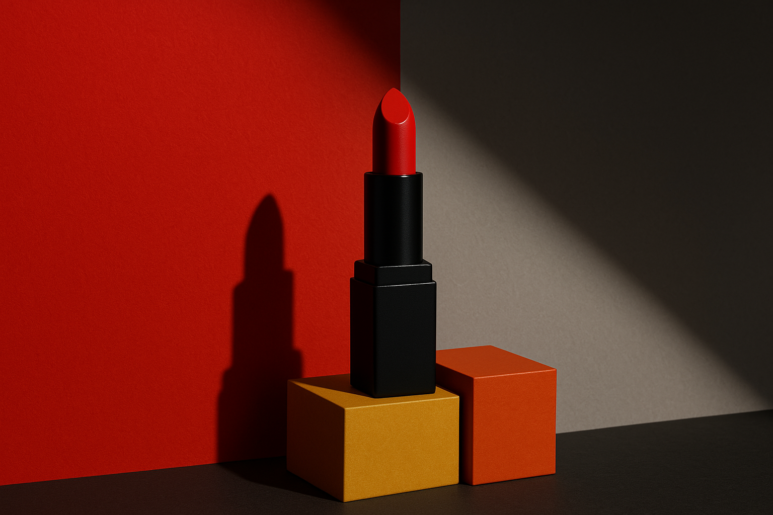 Roter Lippenstift auf zwei bunten Quadern vor farbigem Hintergrund mit Schatten. Private Label Cosmetics Herstellung
