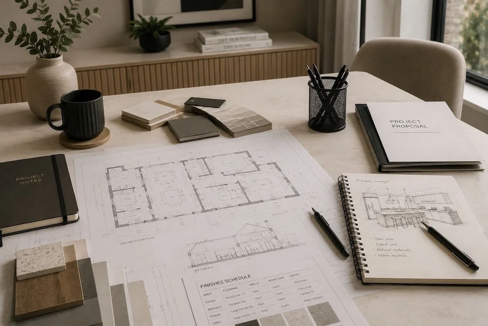 Architectural blueprints, design notes, color samples, and stationery on a desk with a chair and window in the background.
