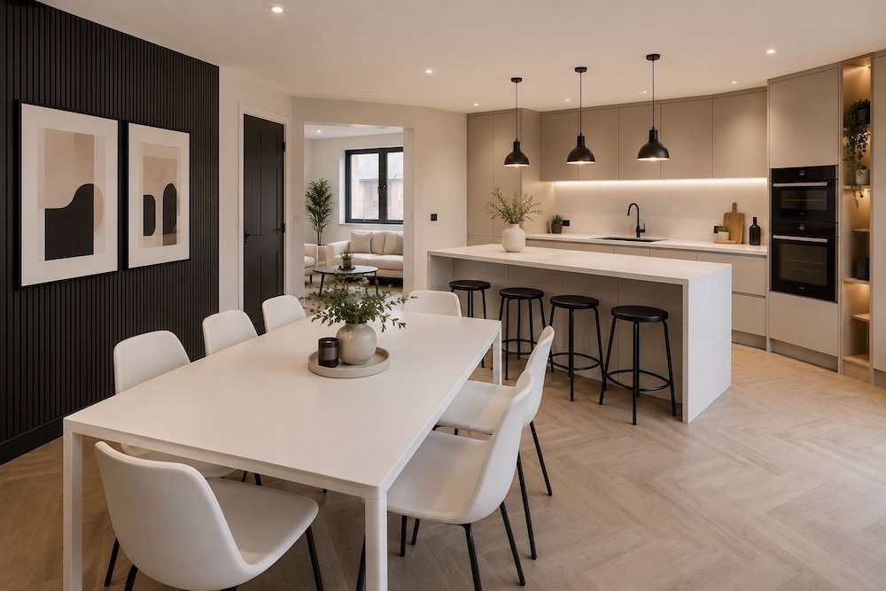 Modern kitchen and dining area with white table, white chairs, beige cabinets, black pendant lights, and minimalist decor.