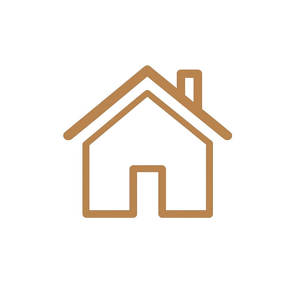 Outline of a house with a chimney, in brown lines on a black background.
