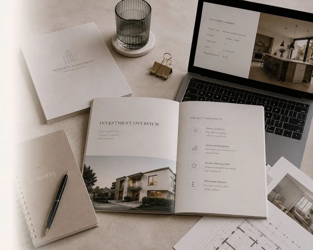 A workspace with a property investment booklet, investment overview brochure, notes pad with pen, glass of water, laptop displaying an investment summary, and printed architectural plans.