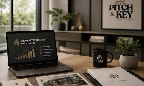 Home office desk with a laptop displaying property investment opportunities, a black mug with the Pitch & Key logo, a potted plant, and documents