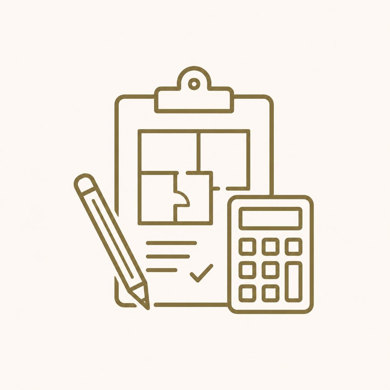 Line drawing of a real estate clipboard with a floor plan, a pencil, a calculator, and a document.