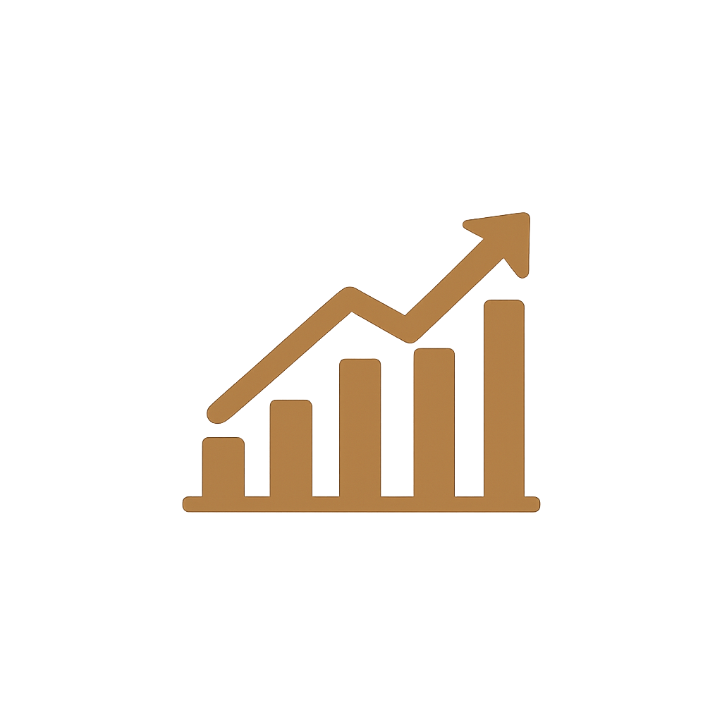 Gold-colored bar graph with an upward trending arrow indicating growth or success.