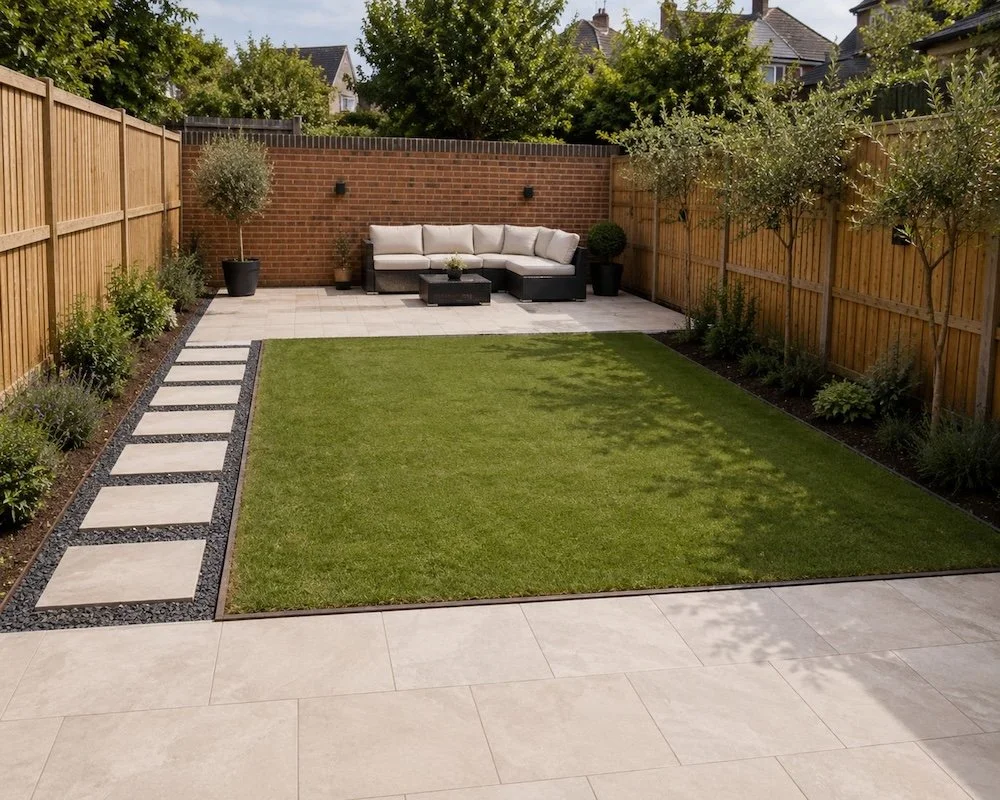 A backyard with a well-maintained lawn, surrounded by wooden fences and a brick wall. There is a paved patio area with outdoor furniture, including a white sectional sofa with pillows. The garden has small trees and plants along the edges, and stepping stones leading from the patio to the lawn.