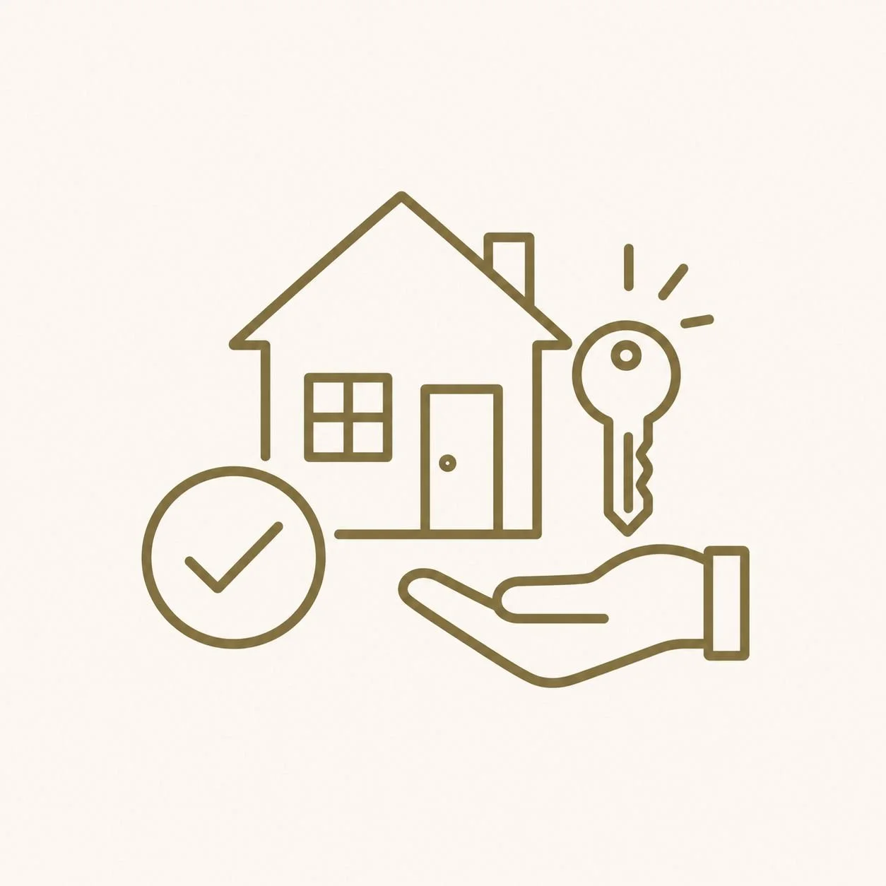 Line drawing of a house with a door and window, a hand holding a glowing light bulb above the house, a checkmark in a circle, and a key with lines indicating light or ideas.