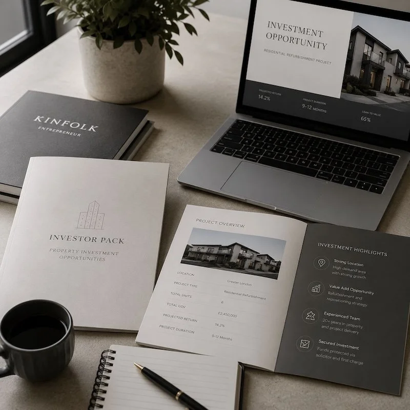 Desk with a potted plant, a closed investor pack booklet, an open project overview brochure showing a property image and details, a black coffee mug, a black pen, and a laptop displaying an investment opportunity presentation.