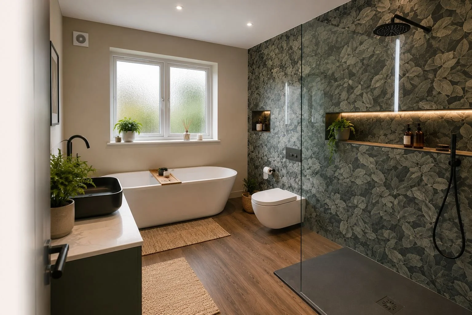 Modern bathroom with a bathtub, potted plants, window, and a walk-in shower with leafy patterned wall tiles.