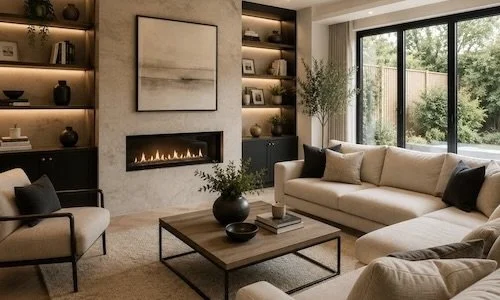 Living room with beige sofas, black pillows, a wooden coffee table with decorative items, a fireplace, built-in black shelves with books and decor, large windows with curtains, and a view of a garden outside.