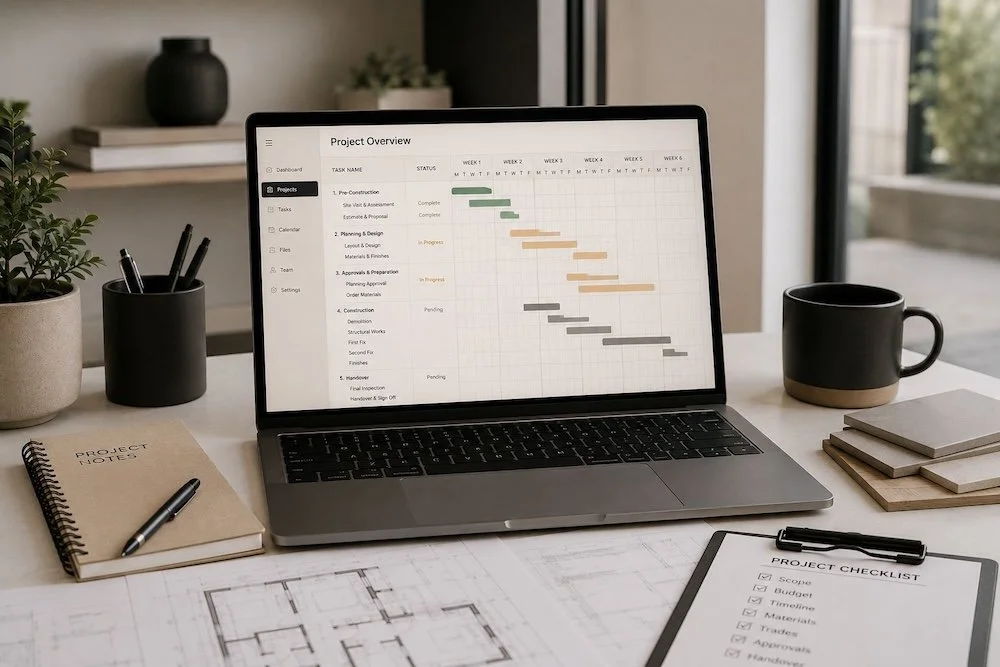 A desk with a laptop displaying a project timeline, a notebook with a pen, a project checklist, a coffee mug, a plant, notebooks, and architectural blueprints.