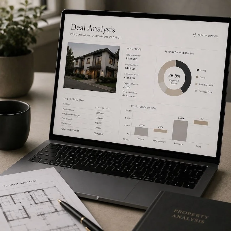 Laptop displaying a real estate deal analysis report with a picture of a house, key metrics, return on investment pie chart, cost breakdown, and projected cash flow chart. There are also property plans and analysis documents on the table.