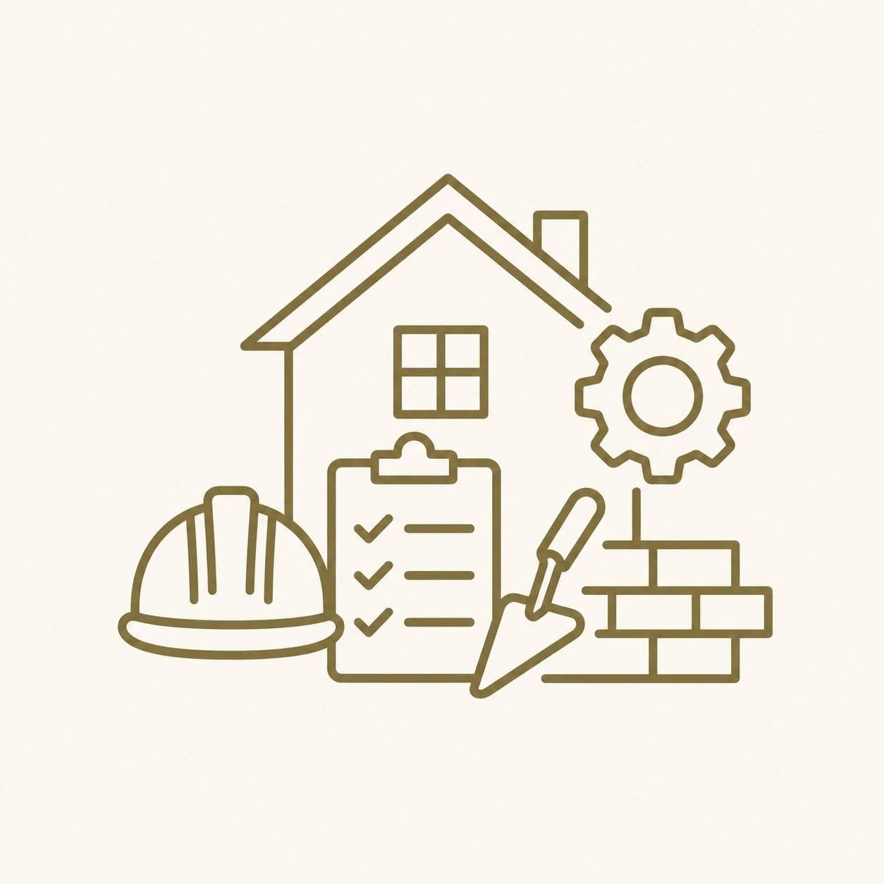Line drawing of a house with a window and chimney, construction helmet, checklist clipboard, pen, gear, and brick wall, indicating home construction or renovation.