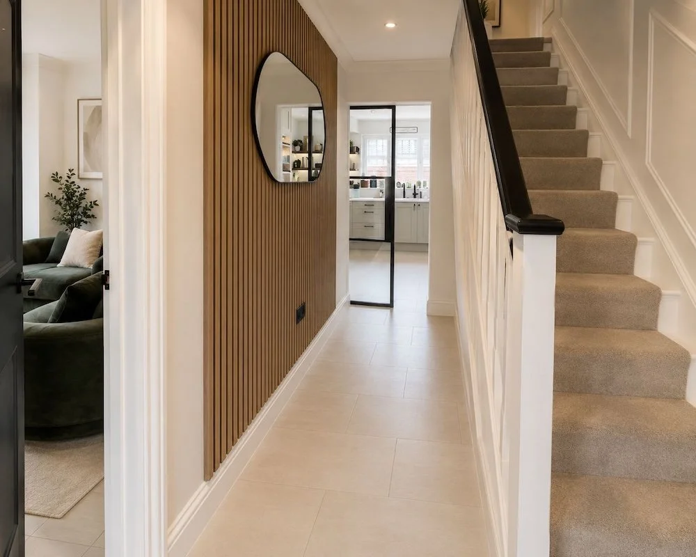 Entryway with staircase on the right, wood-paneled accent wall with a mirror, and doorway leading to kitchen in the background.
