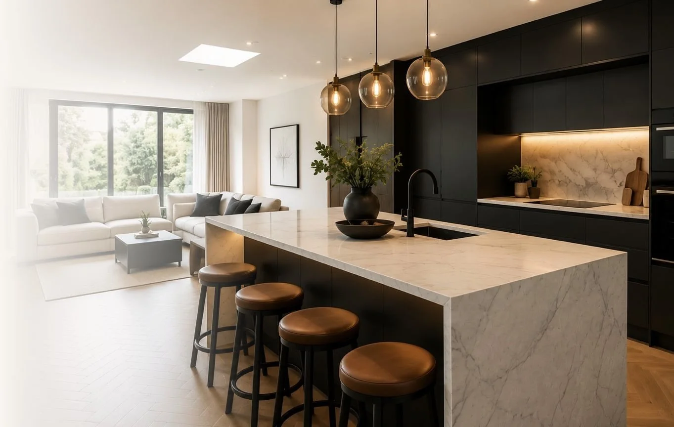 Modern kitchen with black cabinets, marble countertops, and a marble backsplash. Three pendant lights hang above the island, which has a black sink and a vase with greenery. The open-concept space flows into a living room with a large window, white sofa, and a coffee table.