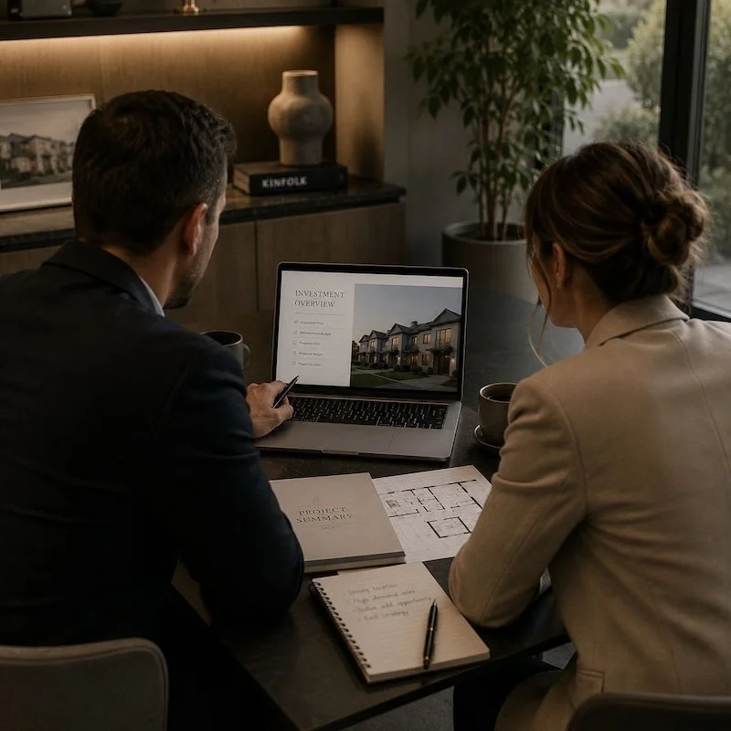 Two people sitting at a table looking at a laptop with a presentation on real estate investment, with notes, a floor plan, and a project summary on the table.