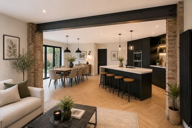 Open-concept modern kitchen and dining area with black cabinetry, white island, wooden stools, beige dining chairs, and potted plants.