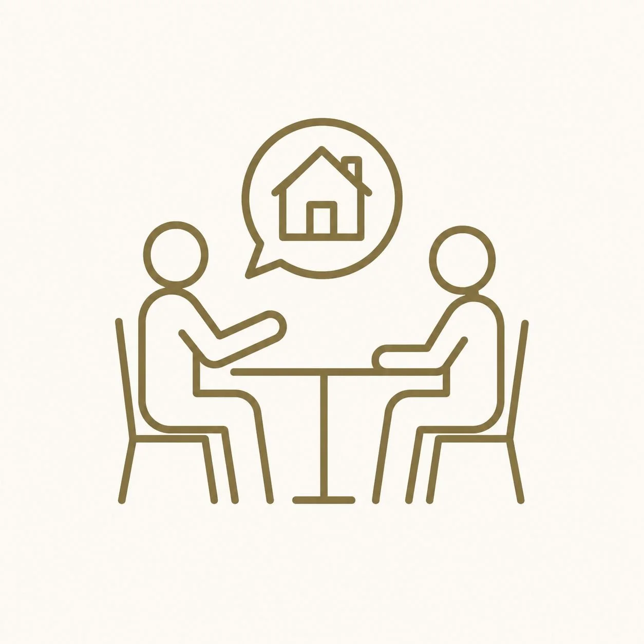 Two people sitting at a table having a discussion about a house.