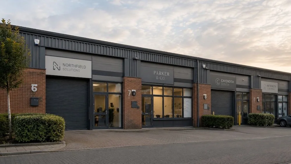 Exterior view of a commercial office building with multiple company signs, including Northfield Solutions, Parker & Co., Cavendish Design, and Integrity. The building has brick and metal construction, large windows, landscaping, and a parking lot.
