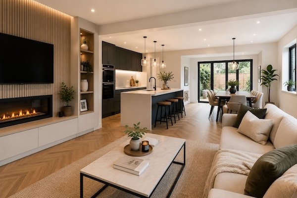 Modern open-concept living room and kitchen with beige sofa, coffee table, black dining table with chairs, kitchen island with barstools, flat-screen TV, fireplace, and large windows letting in natural light