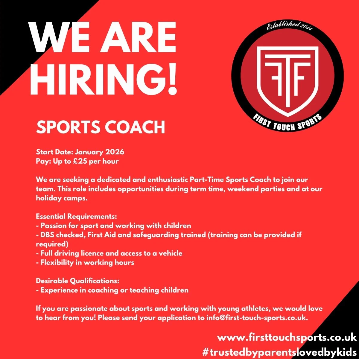 📣 WE ARE HIRING! 📣

Start Date: January 2026 
Pay: Up to &pound;25 per hour

We are seeking a dedicated and enthusiastic Part-Time Sports Coach to join our team. This role includes opportunities during term time, weekend parties and at our holiday 