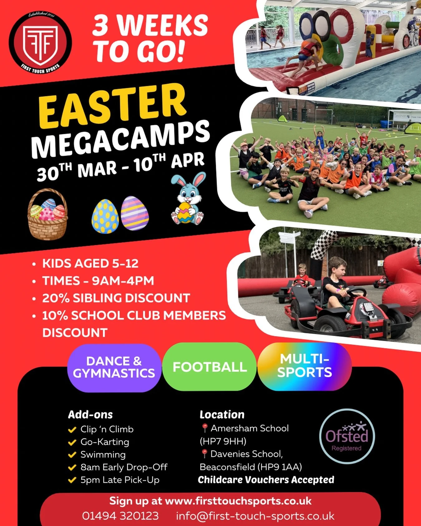 🌟3 WEEKS TO GO!🌟

🐣 Egg-citing News - Just 21 days until our Easter MegaCamps hatch! 🐰

📅 Dates: 30th March - 10th April (8 days)
⏰ Hours: 9am - 4pm (Hop in early at 8am, bounce out late until 5pm)

⚽️ 1️⃣0️⃣0️⃣➕Activities!

👦👧 Ages: 5 - 12

?
