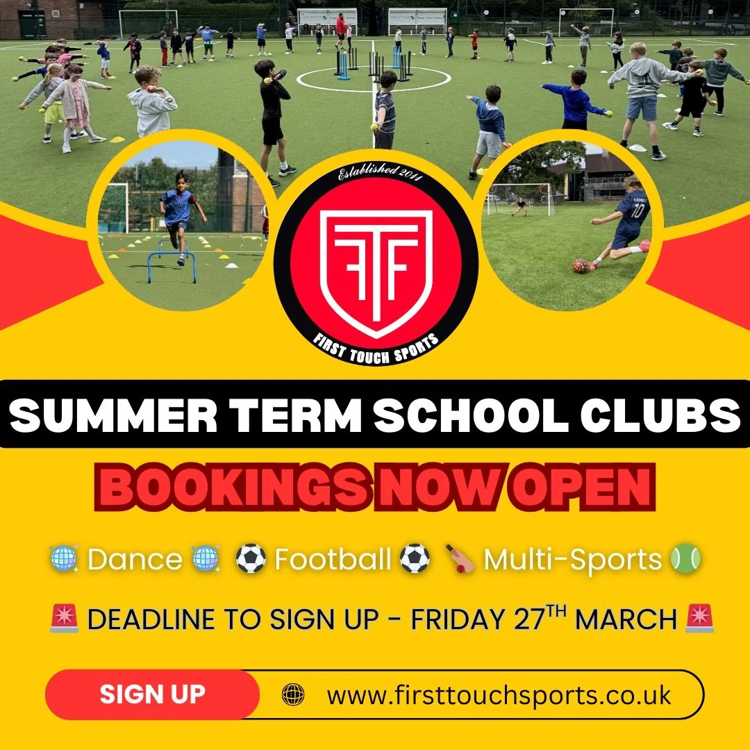 ☀️ SUMMER TERM SCHOOL SPORTS CLUBS 🏏

As we approach the end for this current term, we are now accepting bookings for our School Sports Clubs for the Summer Term 🎉

Head to www.firsttouchsports.co.uk to sign up 📲

DEADLINE TO SIGN UP - FRIDAY 27TH