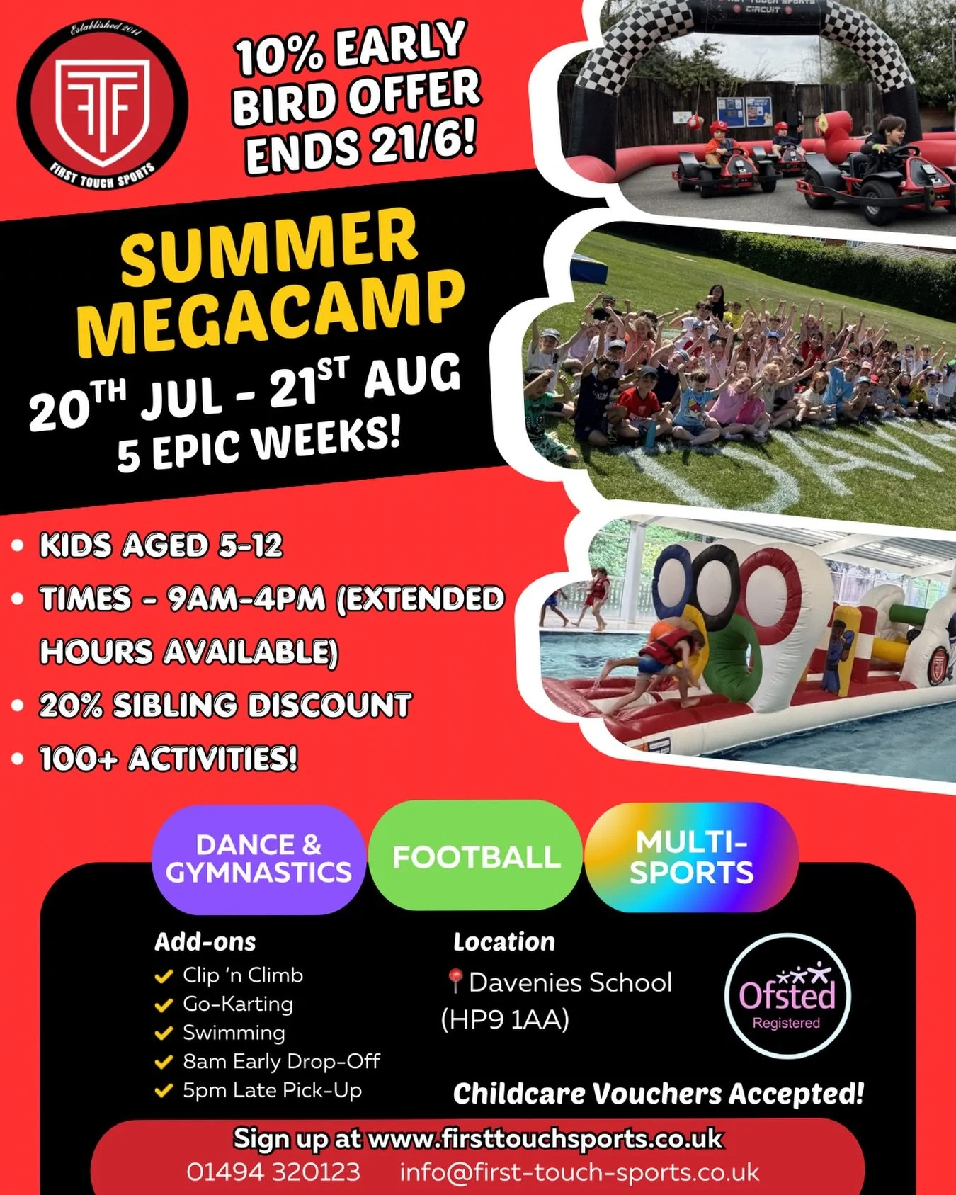 🌞 The countdown has begun! Our Summer MegaCamps are set to launch at Davenies School in just over 5 weeks! 🎉

📅 Dates: 20th July - 21st August 
🕘 Times: 9am - 4pm (extended hours available) 
👧👦 Children aged 5-12 

Prepare for 5️⃣ action-packed