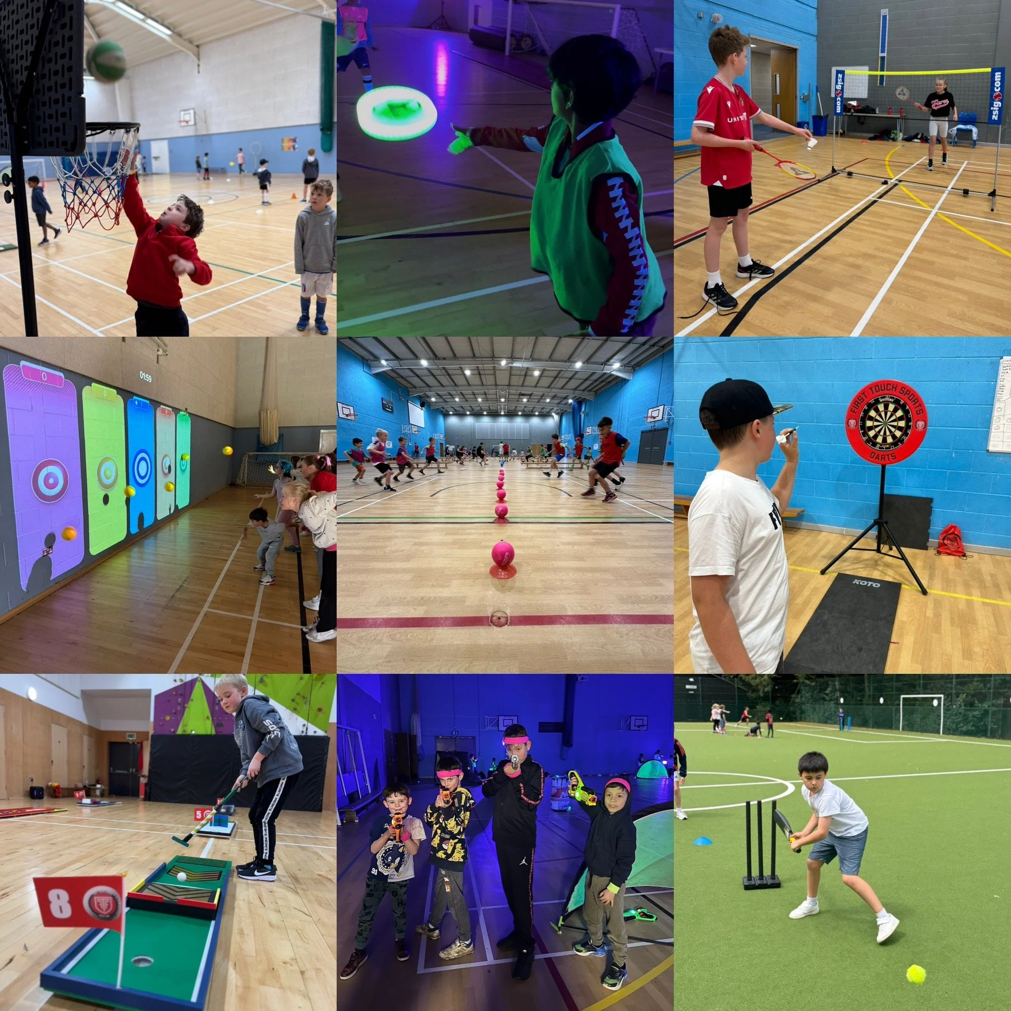 Children taking part in multiple sports including football, tennis, athletics, crazy golf, archery, and basketball at First Touch Sports MegaCamp multisport holiday club in Buckinghamshire