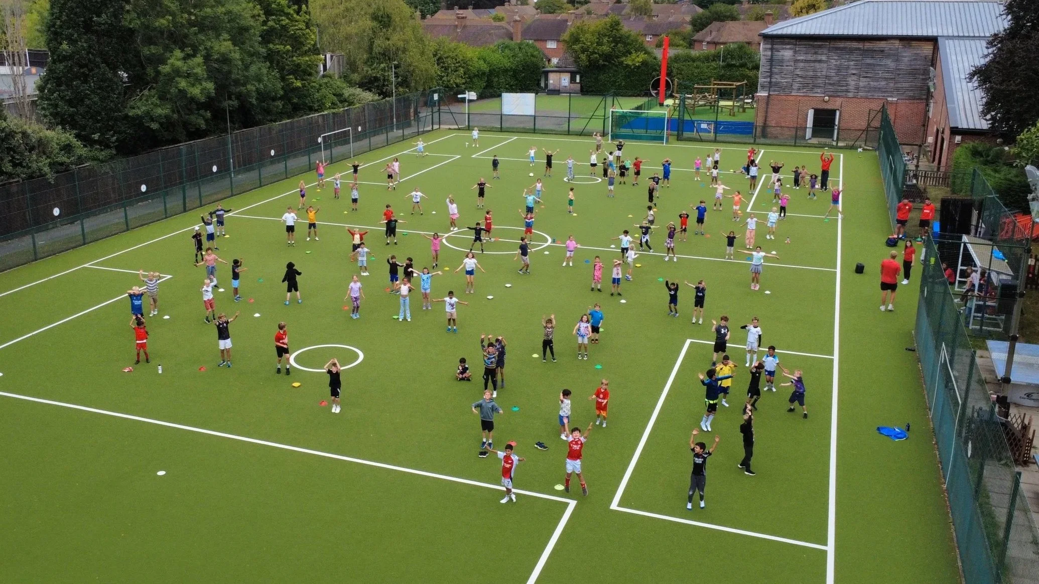 First Touch Sports MegaCamp holiday club set-up at Davenies School in Beaconsfield with equipment ready for children's activities