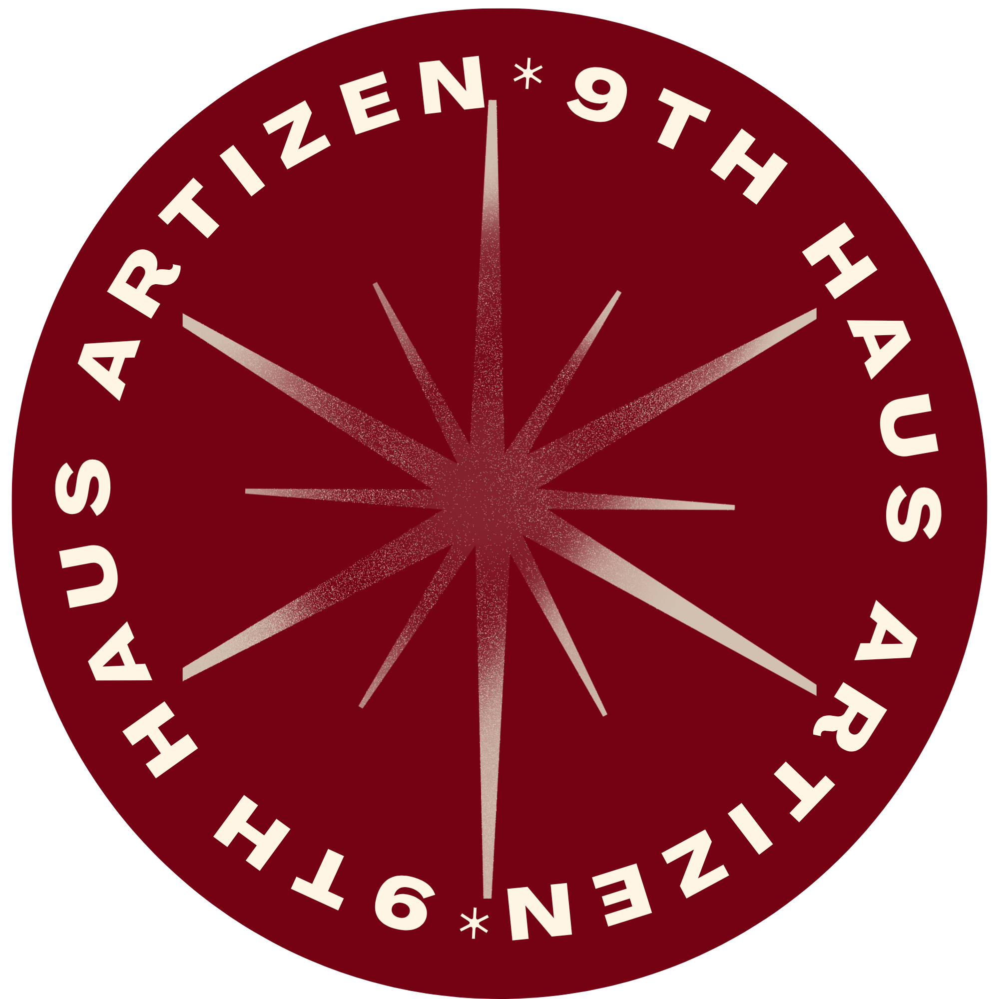Circular graphic with a maroon background, white text, and a starburst design at the center. The text reads: "HUAHAI 9TH ARIZEN."