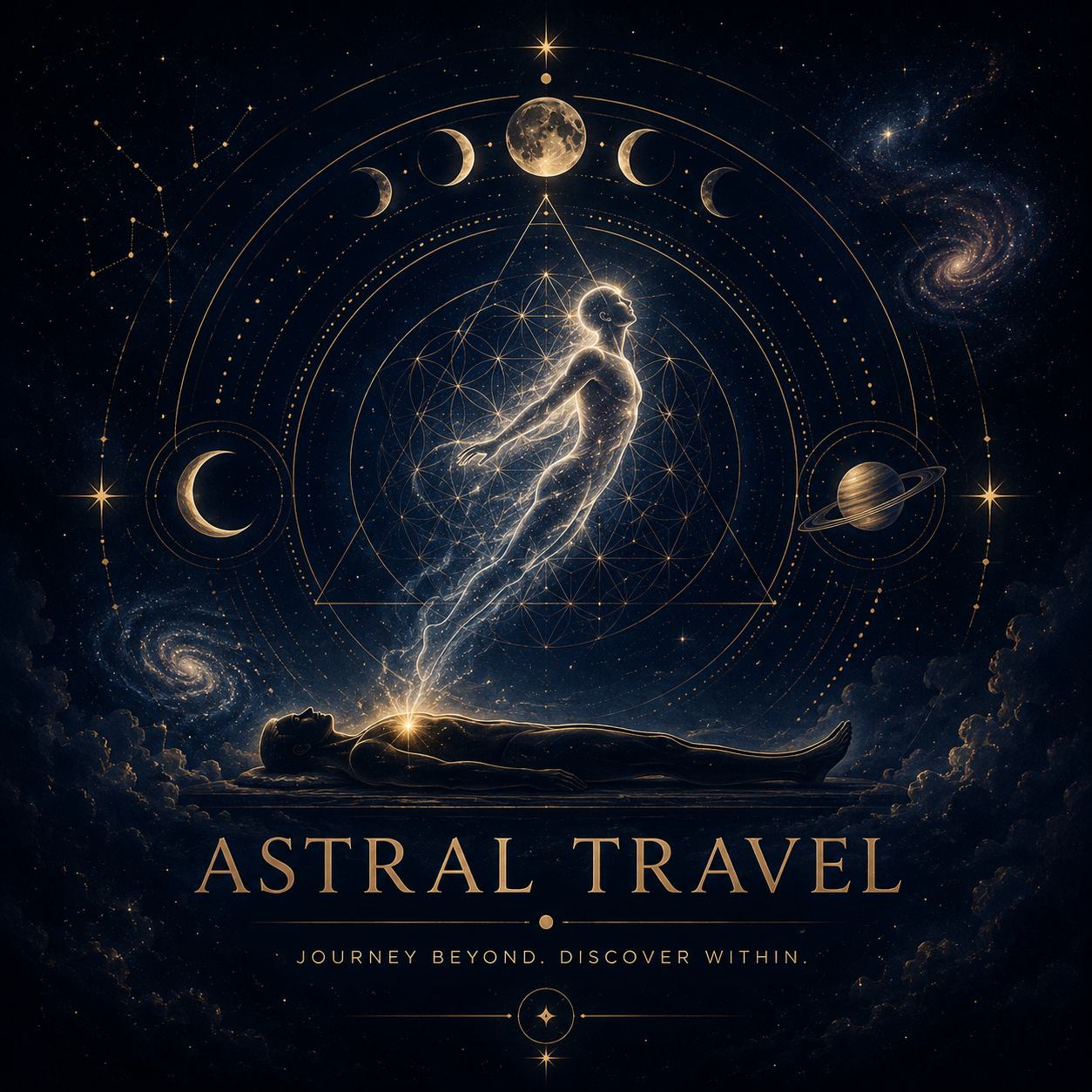 Logo for Astral Travel with a crescent moon and star, along with the text 'Astral Travel Journey Beyond the Veil' on a dark blue background.
