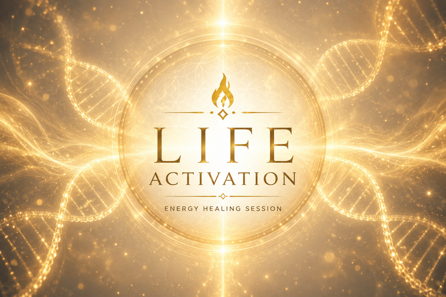 A person in meditative pose with glowing points along the center of their body and a beam of light extending from their forehead upwards, with the words 'LIFE ACTIVATION' at the bottom.