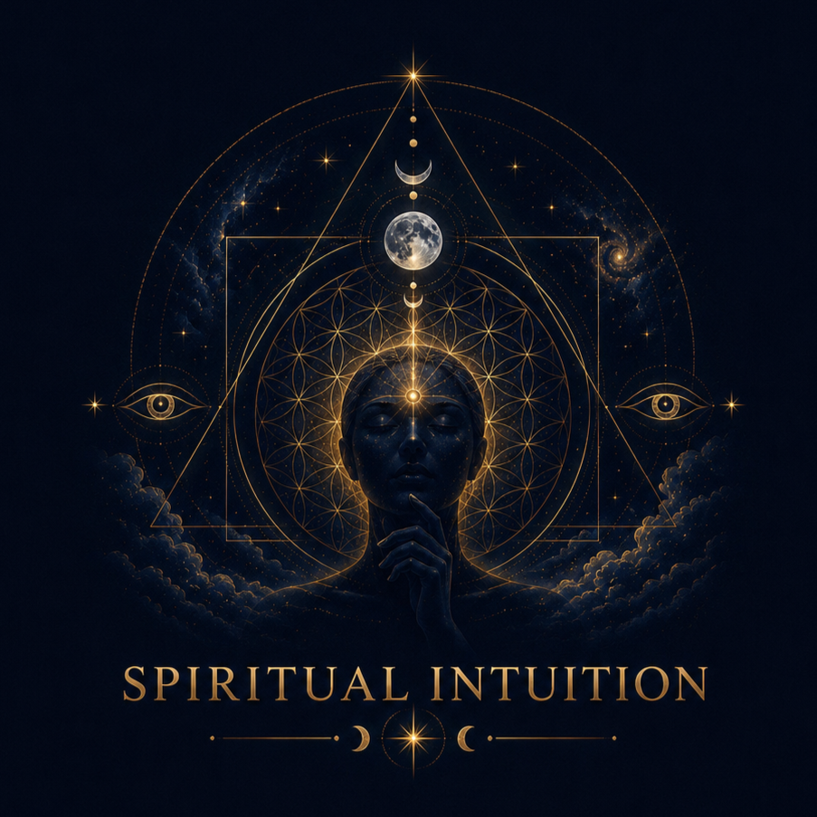 Book cover with an eye illustration and rays around it, titled "Spiritual Intuition: Awakening Your Inner Senses."