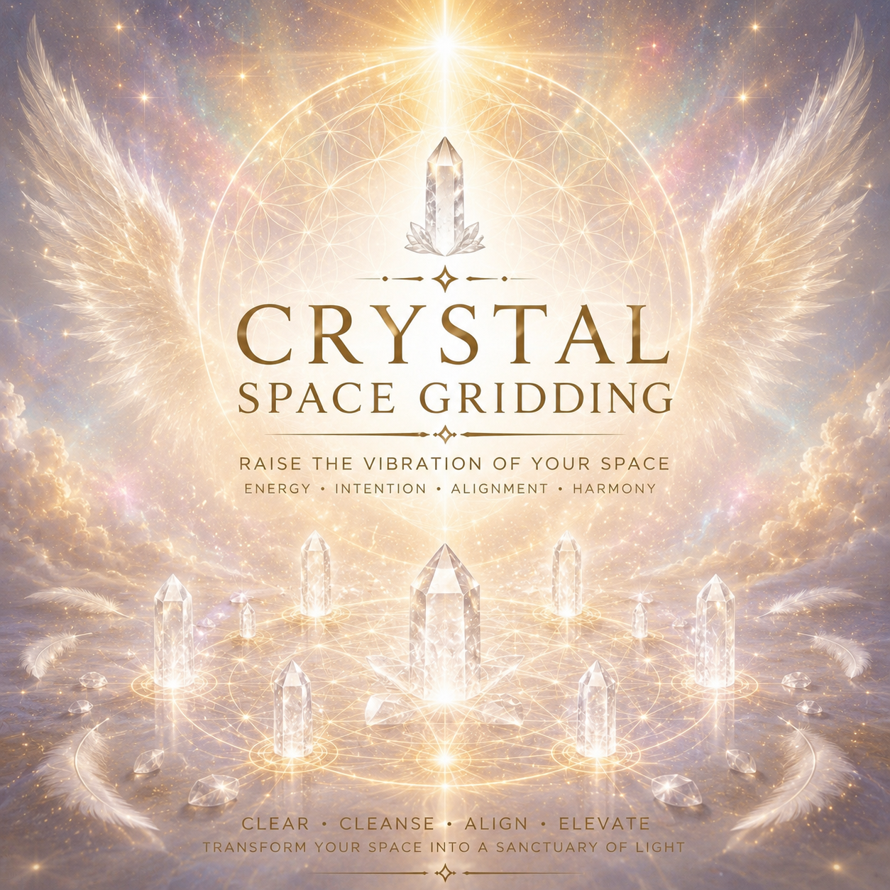 A glowing crystal pointing upward with a golden halo, surrounded by intricate geometric patterns, celestial symbols, and a dark blue starry background.