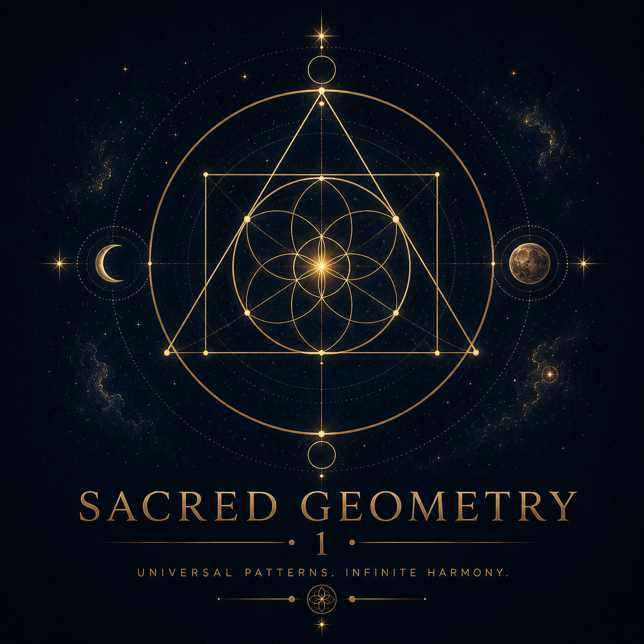 Book cover titled "Sacred Geometry: Awakening the Divine Blueprint" with a geometric design resembling the Flower of Life symbol on a gold background.