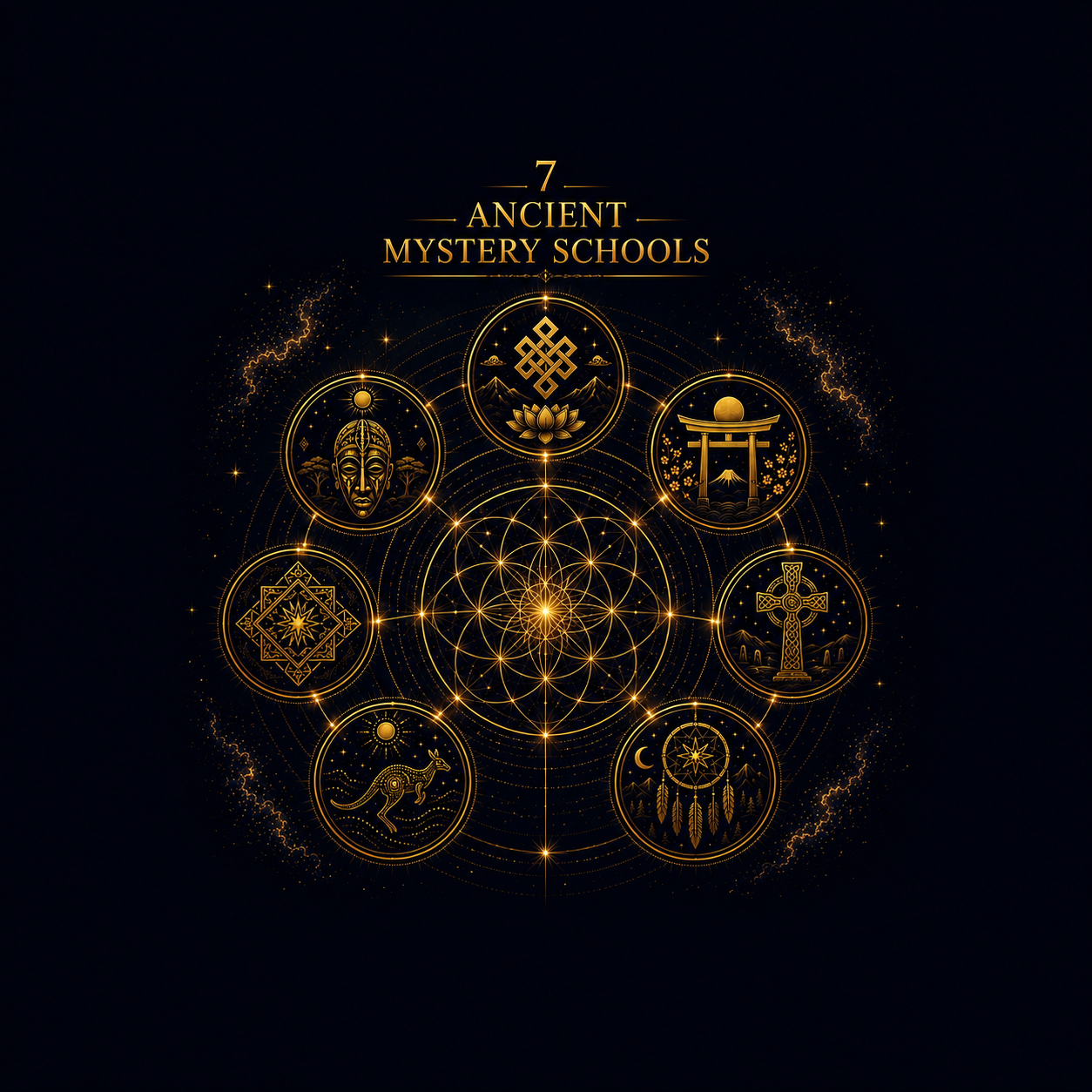 Cover of a book or poster titled '7 Ancient Mystery Schools' with a geometric symbol resembling a star inside a circle at the top.