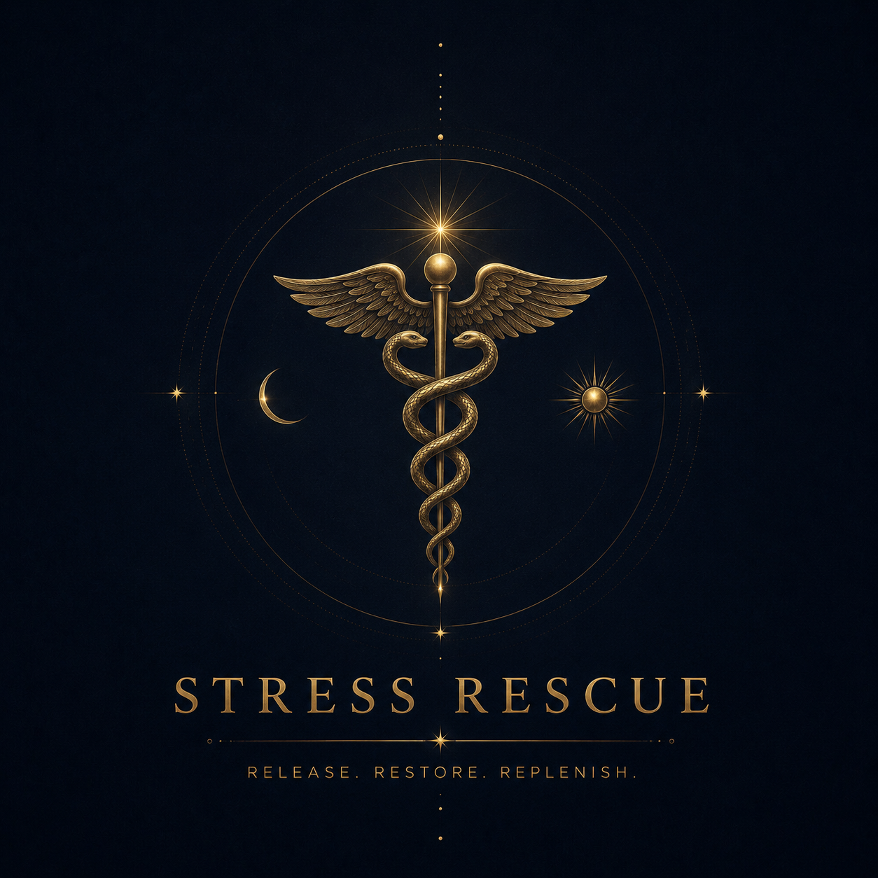 Icon of a heart with a lightning bolt inside and the text "Stress Rescue" beneath it, on a dark blue background.