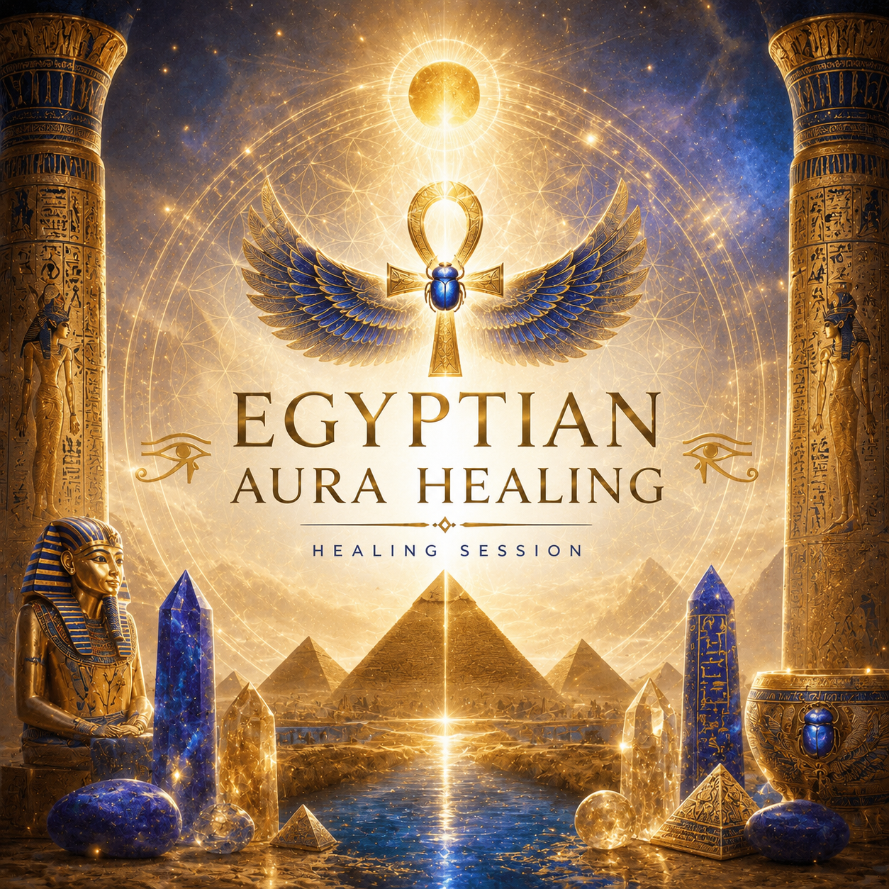Depiction of an Egyptian goddess or figure with a sun disk and horns on her head, wearing a striped headdress, with an ankh in her left hand and a scepter in her right, surrounded by a radiant golden aura and stars.