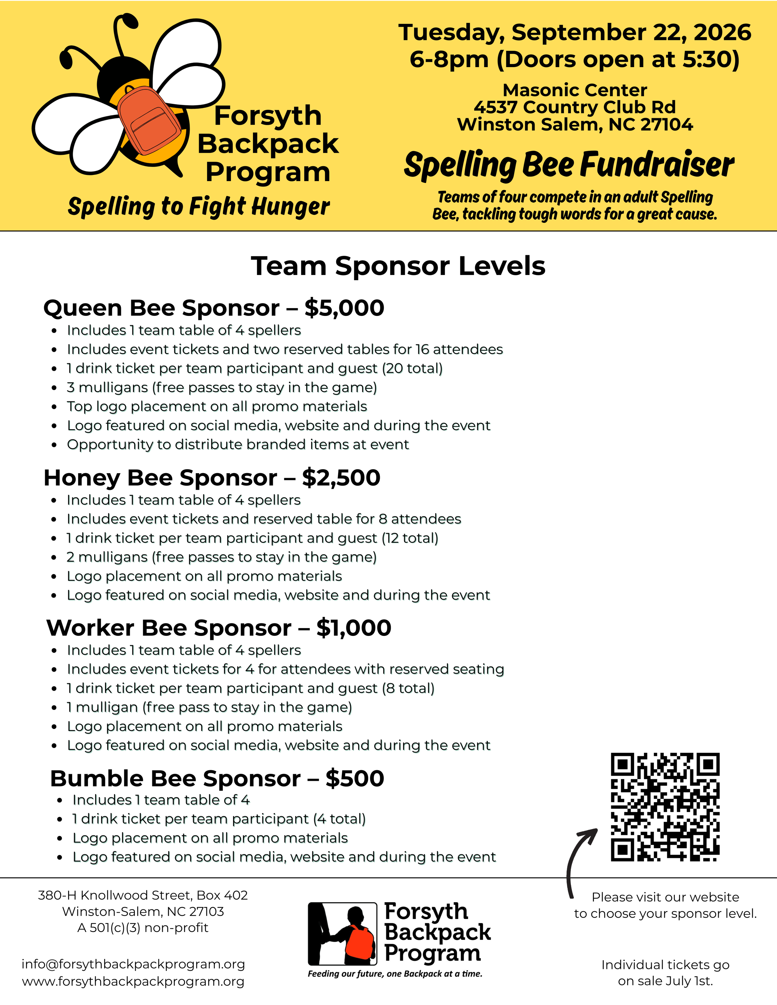 Flyer for Forsyth Backpack Program's Spelling Bee Fundraiser, scheduled for Tuesday, September 22, 2026, from 6 to 8 pm at Masonic Center, Winston Salem, NC. Features a cartoon bee with a backpack, event sponsorship levels, and a QR code.