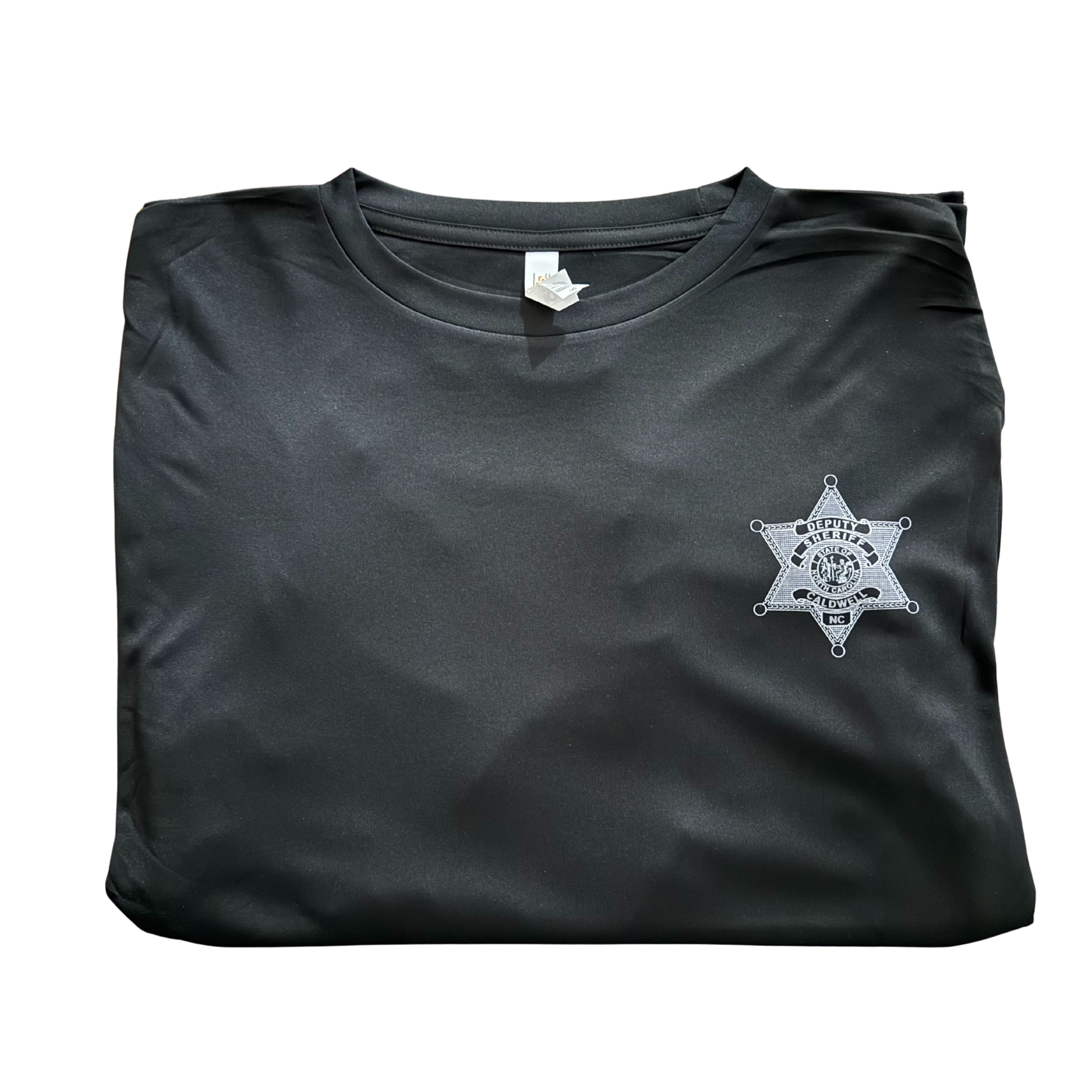 Black T-shirt with a sheriff badge logo, featuring text 'Deputy Sheriff Caldwell NC' on the left chest.