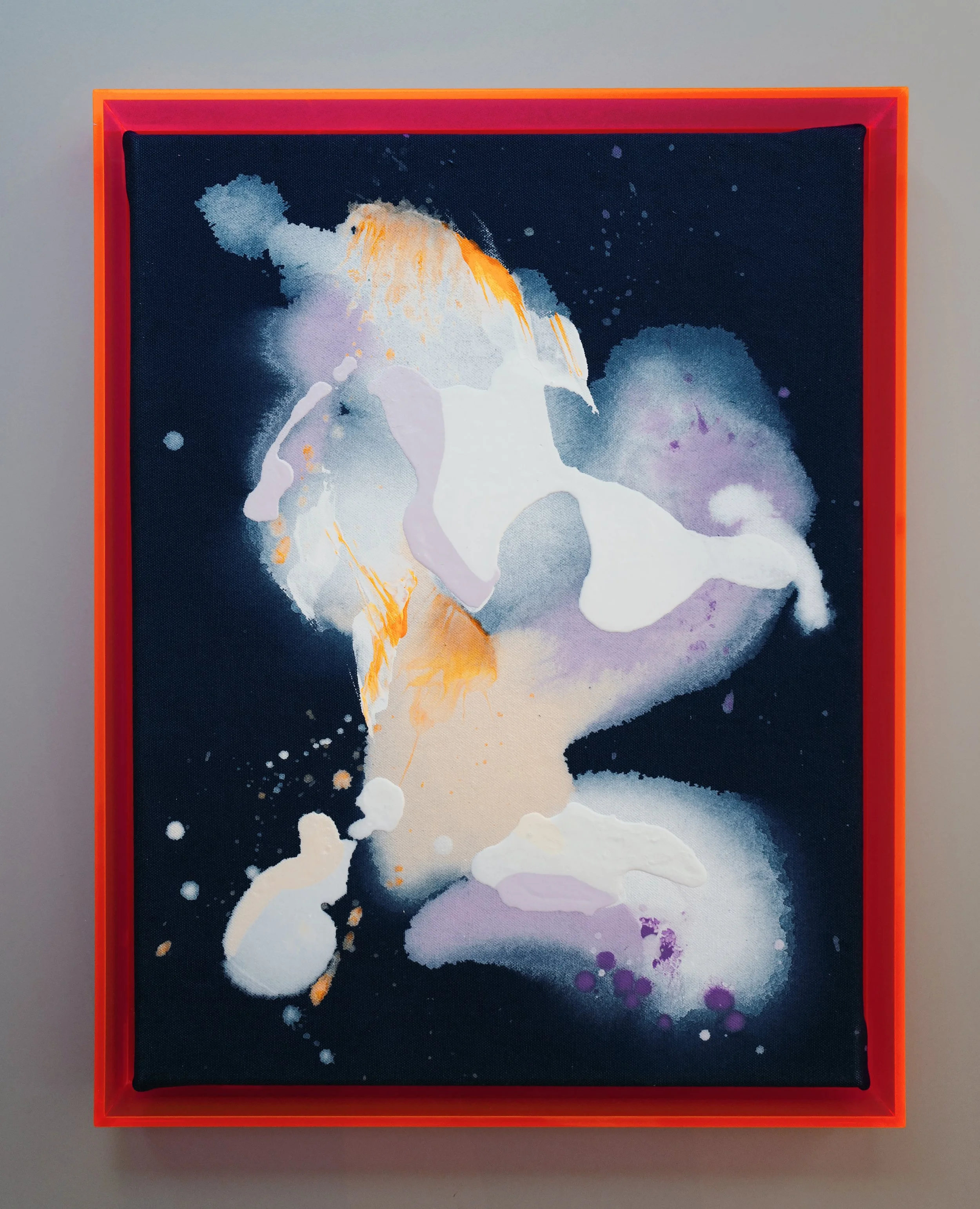 SERIE ZUCKER · Originalarbeit · Einzelstück · 340 € · 36 cm breit × 46 cm hoch x 4 cm tief | Preis auf Anfrage | blauer Leinenstoff mit pinkem Neonrahmen | Acrylfarbe