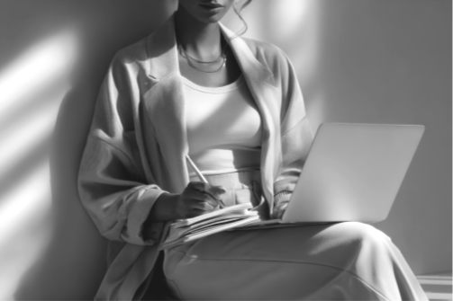 Frau arbeitet mit Laptop und Notizbuch in einem ruhigen Raum.