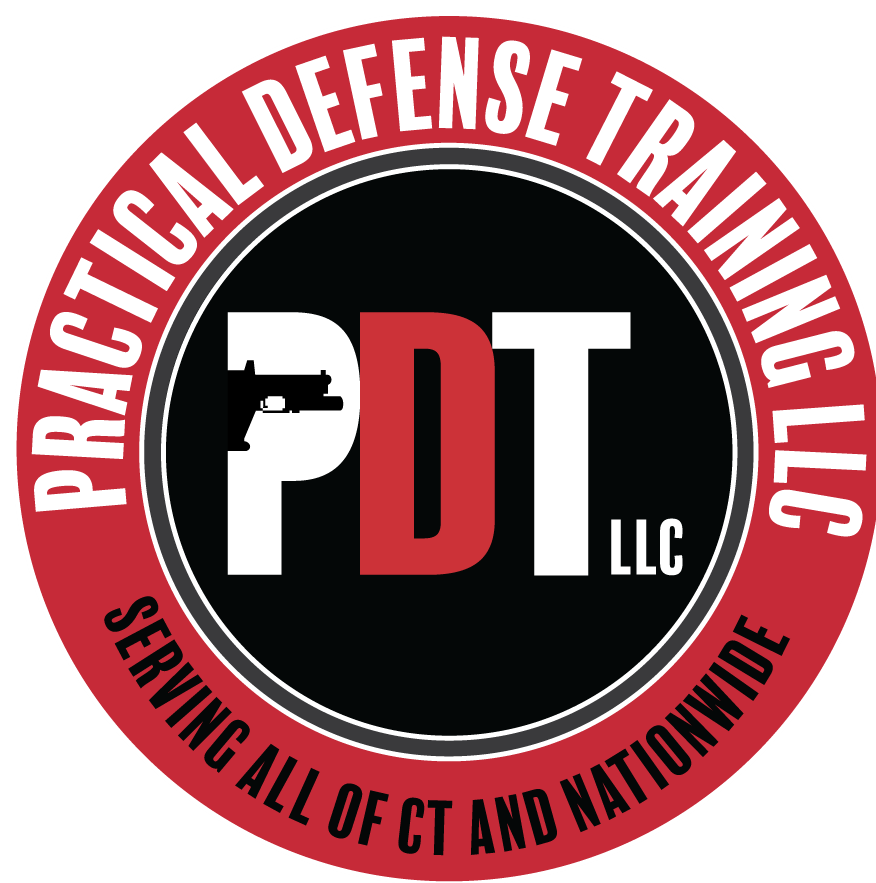 Logo of Practical Defense Training LLC, featuring a black circle with a red and white border. Inside, the initials "PDT" with a small gun graphic integrated into the letter P. The outer text reads "Practical Defense Training LLC" and "Serving all of CT and Nationwide."