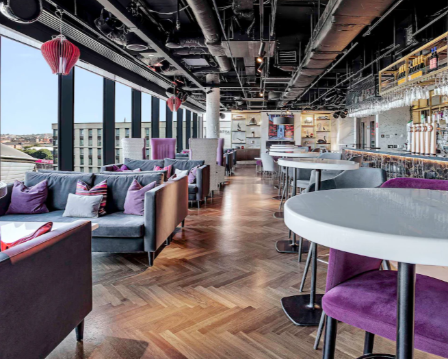 bar and lounge seating and tables