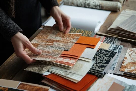 Person flipping through fabric and wallpaper sample swatches on a table. Design help by Elite.