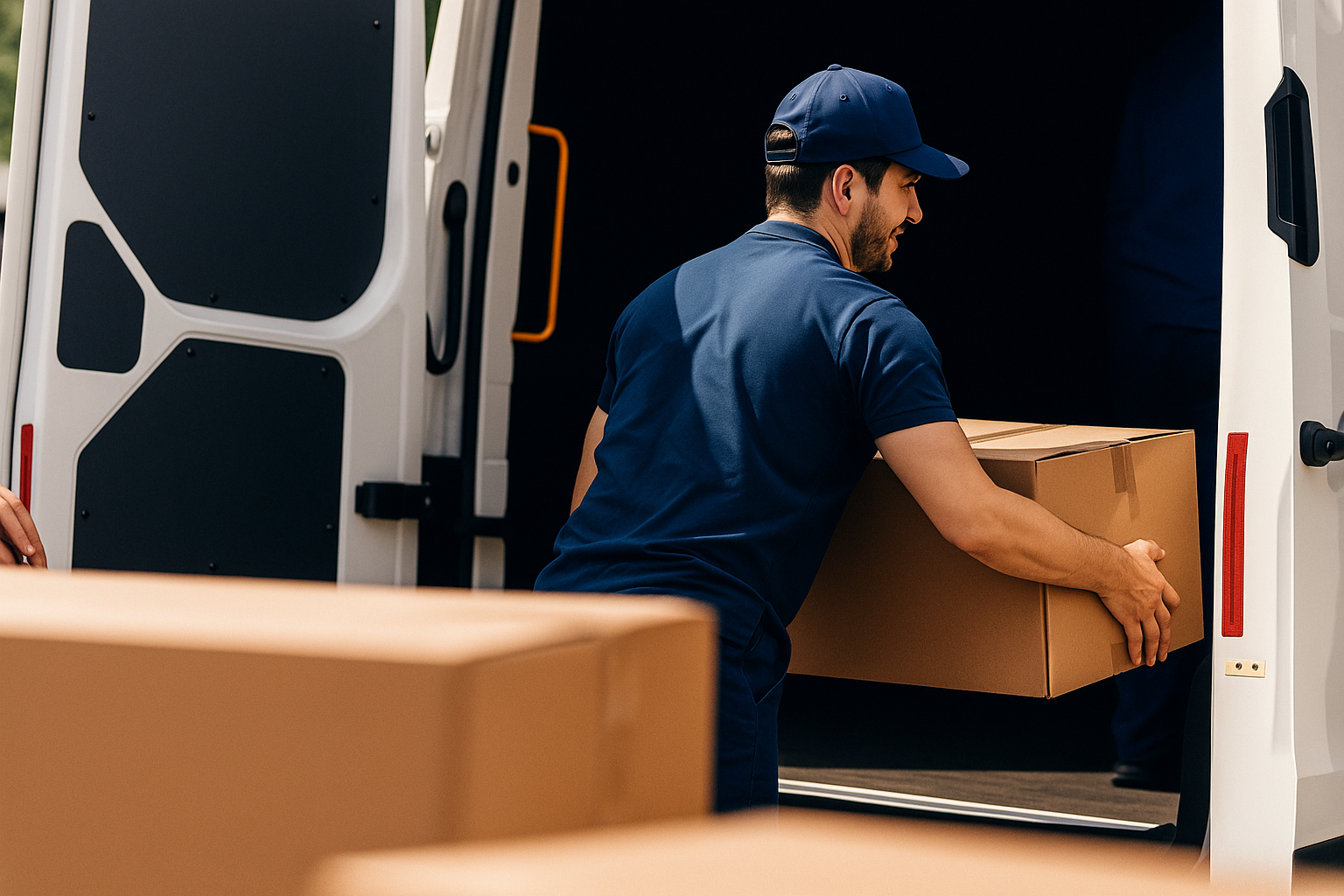 A man wearing a blue cap and shirt loading a cardboard box into a delivery van.