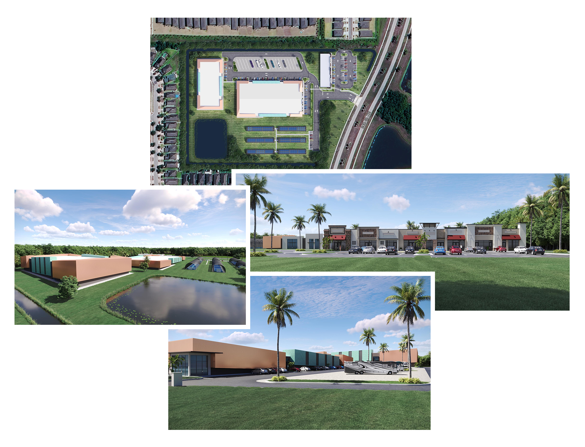 Aerial view of a solar panel and parking lot,Fanta storefront, classrooms, and recreational buildings, surrounded by grass and palm trees, in a modern commercial development.